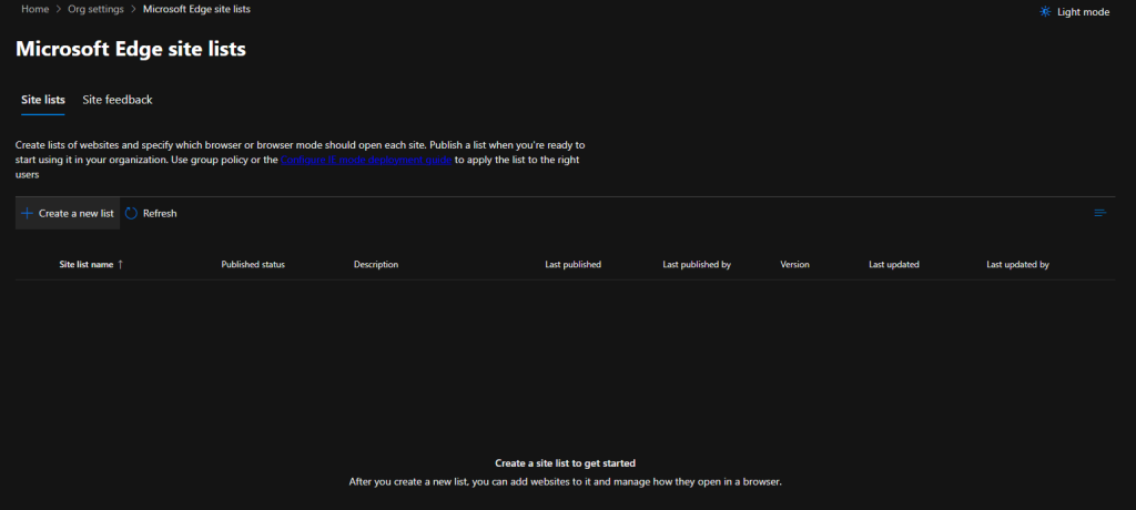 Create a new site list